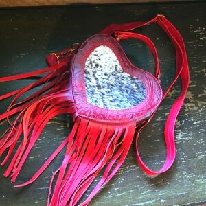 Heart Shaped Red Tooled Leather Fringe Purse